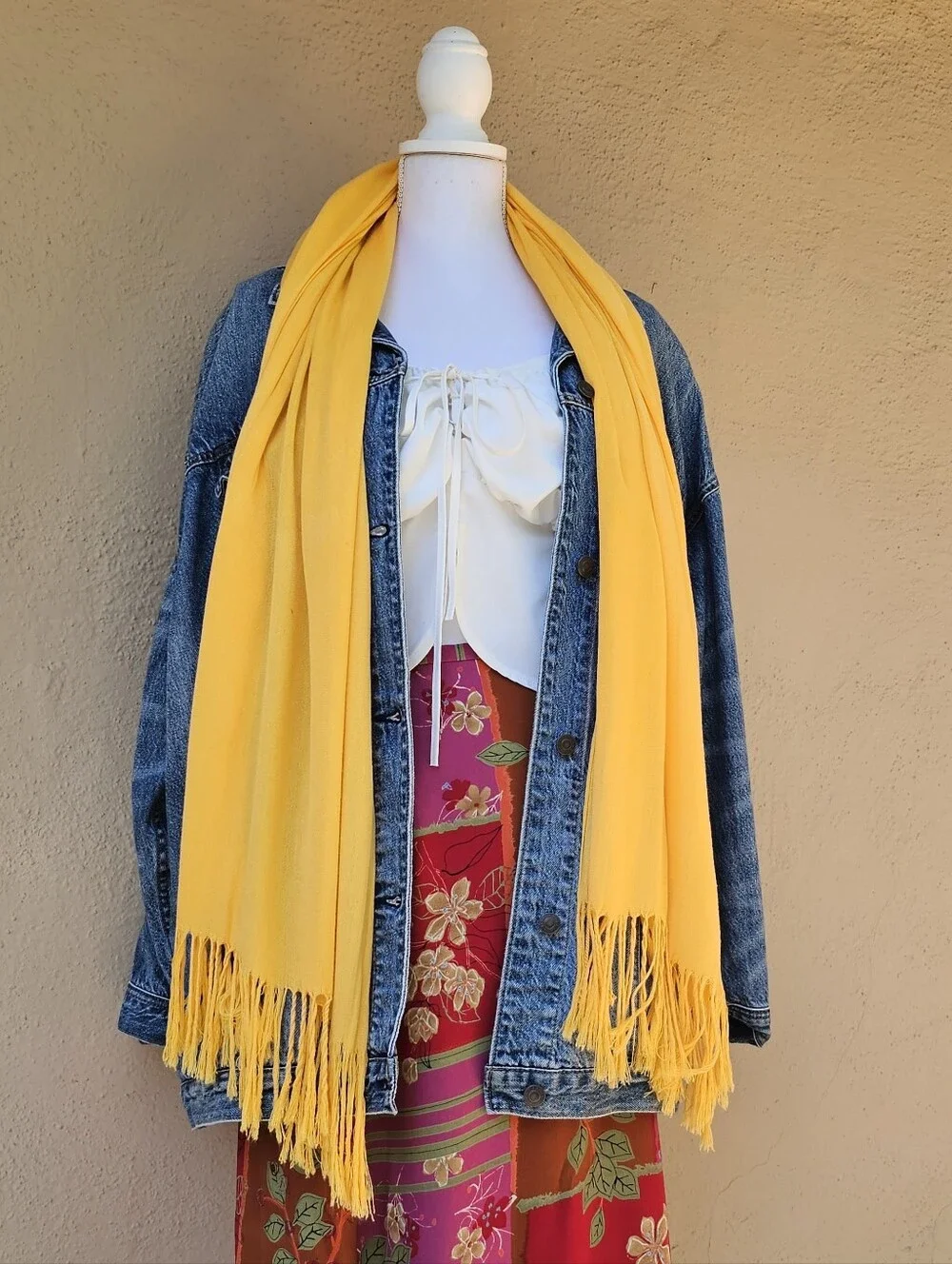 Pashmina And Silk Yellow Scarf W/ Tassel Ends